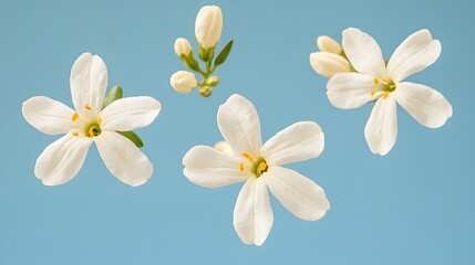 Obraz premium Floating Delicate White Flowers Blue Background Botanical Photography