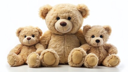 Obraz premium Three Adorable Fluffy Teddy Bears Smiling, White Background Stock Photo