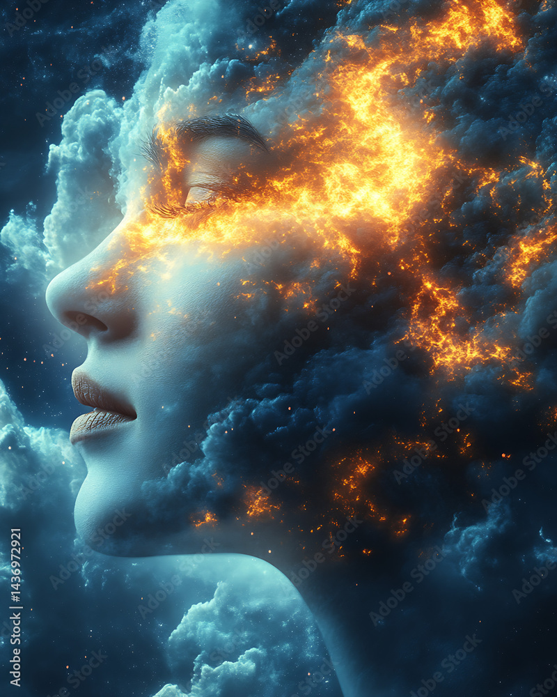 Poster surreal image of a female silhouette with fiery clouds and stars portraying an imaginative dreamlike