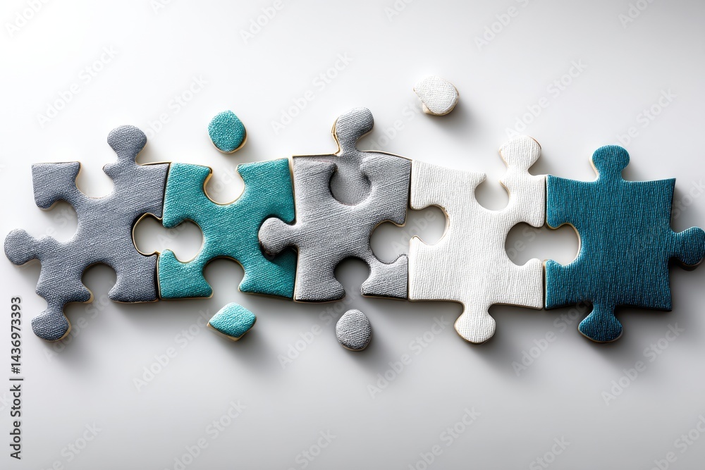 Poster teamwork is illustrated through a minimal composition of puzzle pieces arranged to symbolize collabo