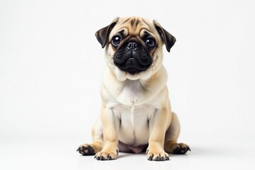 Obraz premium Adorable pug dog sits, isolated on white background, dog, cute dog, canine