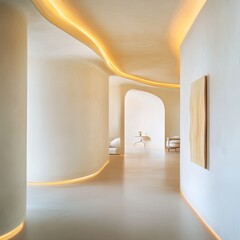 Curved walls leading to a bedroom in a modern home minimalist design soft lighting serene environment
