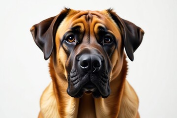 Obraz premium Noble mastiff head shot, intense gaze, pure white backdrop, noble, texture, eyes