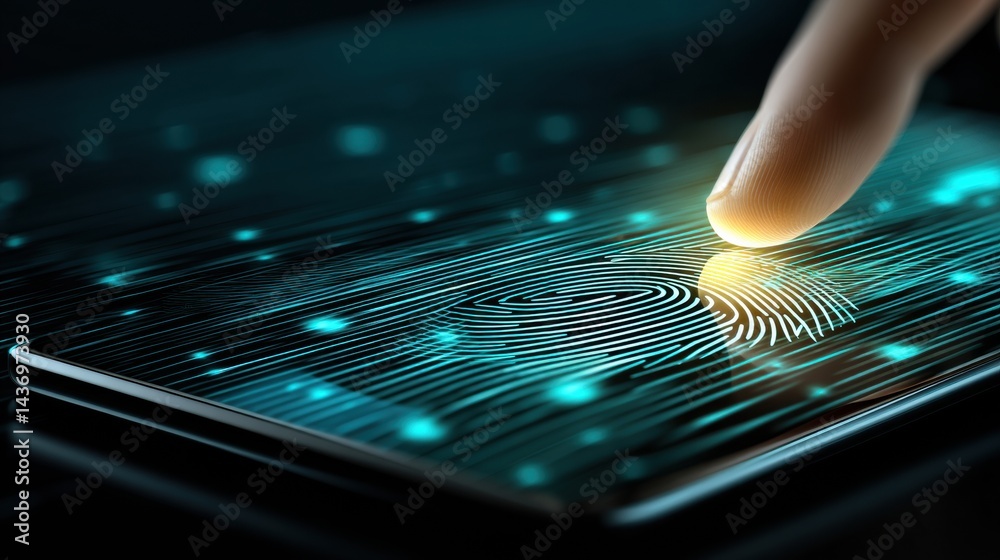 Aufkleber floating hand interacts with smartphone equipped with advanced biometric scanner technology