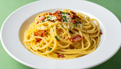 spaghetti carbonara; a refined plate of spaghetti carbonara with glossy noodles