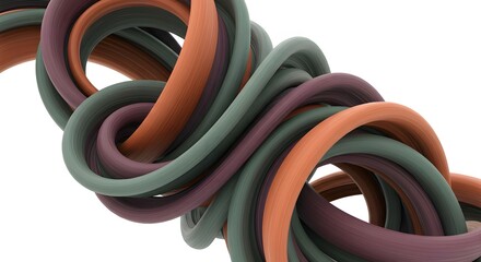 Close up of intertwined tubes in shades of orange green and purple on a white background