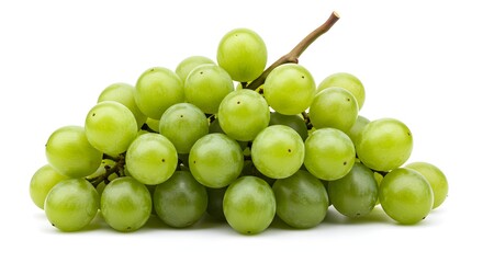 A close up shot of a bunch of green grapes with a small stem on a white background in a studio shot