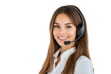 Smiling female customer service agent wearing white shirt and black headphones, on transparent background