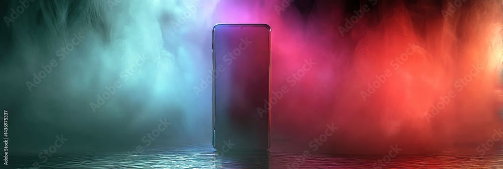 Poster floating smartphone surrounded by colorful gradient fog creates a dreamy aesthetic atmosphere