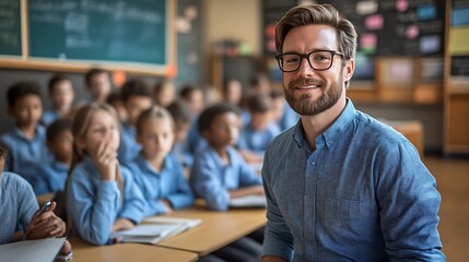 Happy male teacher with students in a classroom setting