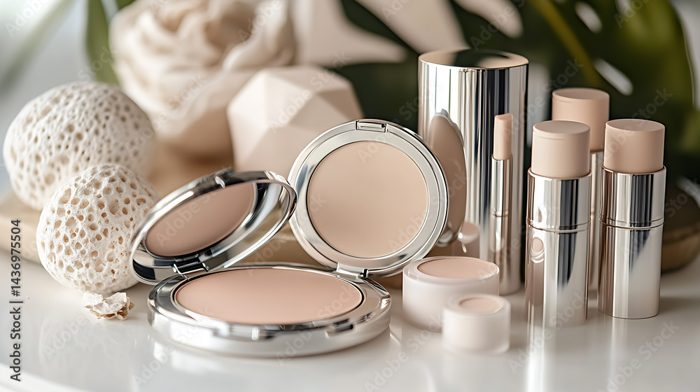 Aufkleber Modern beauty cosmetics displayed elegantly on a minimalistic surface with soft natural elements : Generative AI