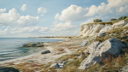 Scenic coastal view with cliffs, beach, and sea under a partly cloudy sky.