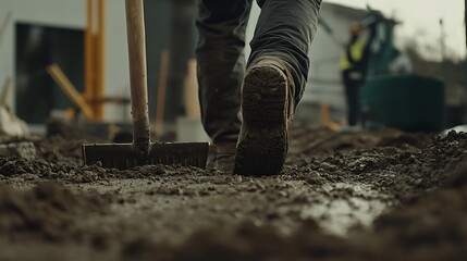 Construction Worker Walking with Shovel on Muddy Site