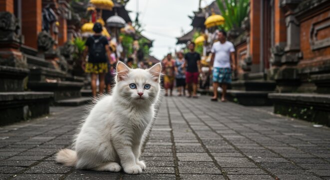White kitten with blue eyes sitting on stone pathway in traditional cultural setting