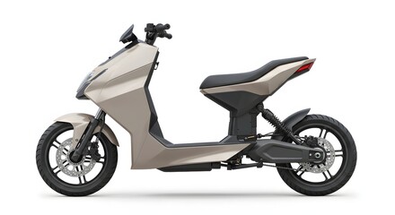 Obraz premium Side view of a modern electric scooter with a silver body and black accents on a white background