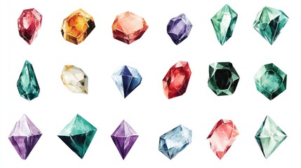 Naklejka premium Colorful gemstone collection; watercolor painting; white background; jewelry design