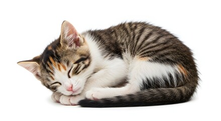 Obraz premium A small tabby kitten curled up asleep on a white background with its eyes closed and a pink nose