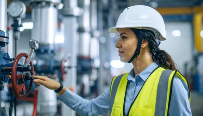 配管とバルブを調整するエンジニアの姿が映る石油精製所、鉄製機械と石油を処理するプロセスが際立つディテールショット

