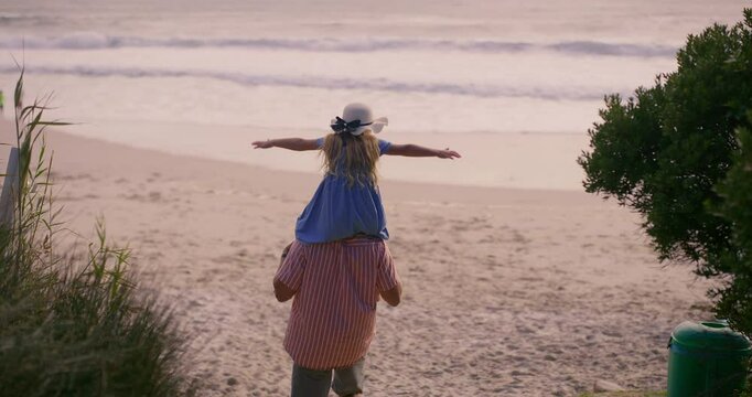 Piggyback, man or child on beach space for travel, adventure or flying fantasy on family vacation. Back, father or daughter at ocean for airplane game, freedom or happy memories on California holiday