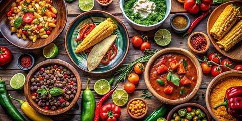 Fototapeta premium Vibrant Panoramic of Colorful Mexican Food: Ingredients, Textures & Spices