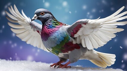 "Flying Pigeon with Open Wings in Clear Blue Sky"