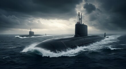 Fototapeta premium Nuclear submarine floats surface sea during naval exercise. Modern warship cruises ocean, military technology. Powerful vessel armed with weapons. Battleship on surface in waves. Maritime transport