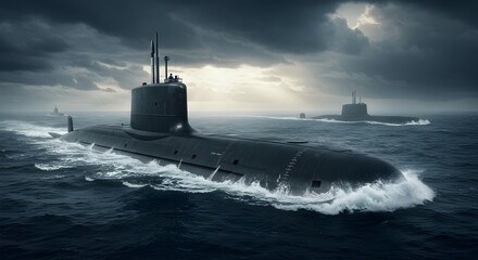 Fototapeta premium Nuclear submarine floats surface sea during naval exercise. Modern warship cruises ocean, military technology. Powerful vessel armed with weapons. Battleship on surface in waves. Maritime transport