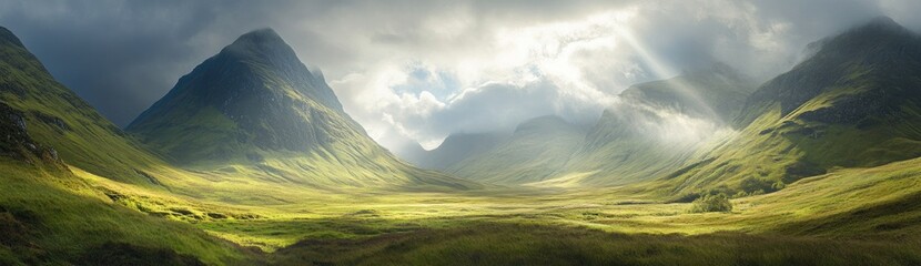 Fototapeta premium Sun Rays Illuminating a Lush Green Valley Surrounded by Mountain Peaks Under a Dramatic Sky with Clouds
