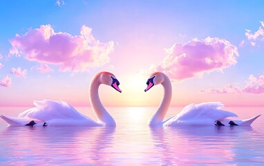 Naklejka premium Swans in Love, Sunrise, Pink Sky