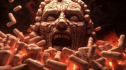 Fototapeta premium Dramatic stone head in fiery environment