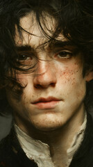 Young Man Portrait with Disheveled Hair and Intense Gaze: Emotive Photography of Unique Freckled Features in Vintage Attire