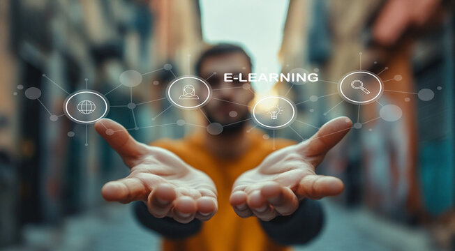 Young man presenting digital e-learning concepts with virtual icons symbolizing online education, connectivity, and modern technology in a city setting