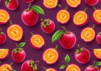 "Seamless pattern of mangosteens and mangosteen halves, flat vector style, background color plum"