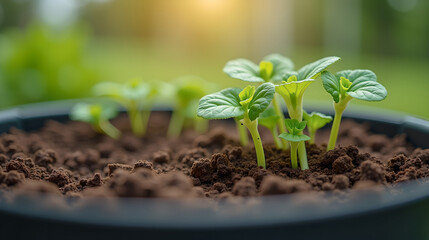 realistic macro shot of a compost bin and green sprouts emerging from soil in an urban garden setting
