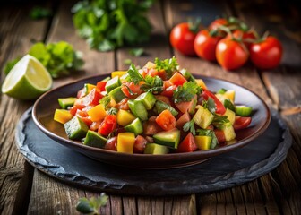 Vibrant Tomato Avocado Salsa on Black Plate - Fresh Food Photography
