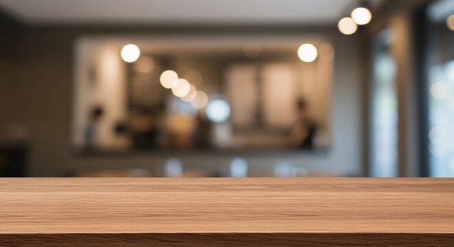 unpopulated timber surface positioned indistinct specifically brown wooden elevated plane blurred scene within commercial establishment serving coffee suitable showcasing arranging your merchandise