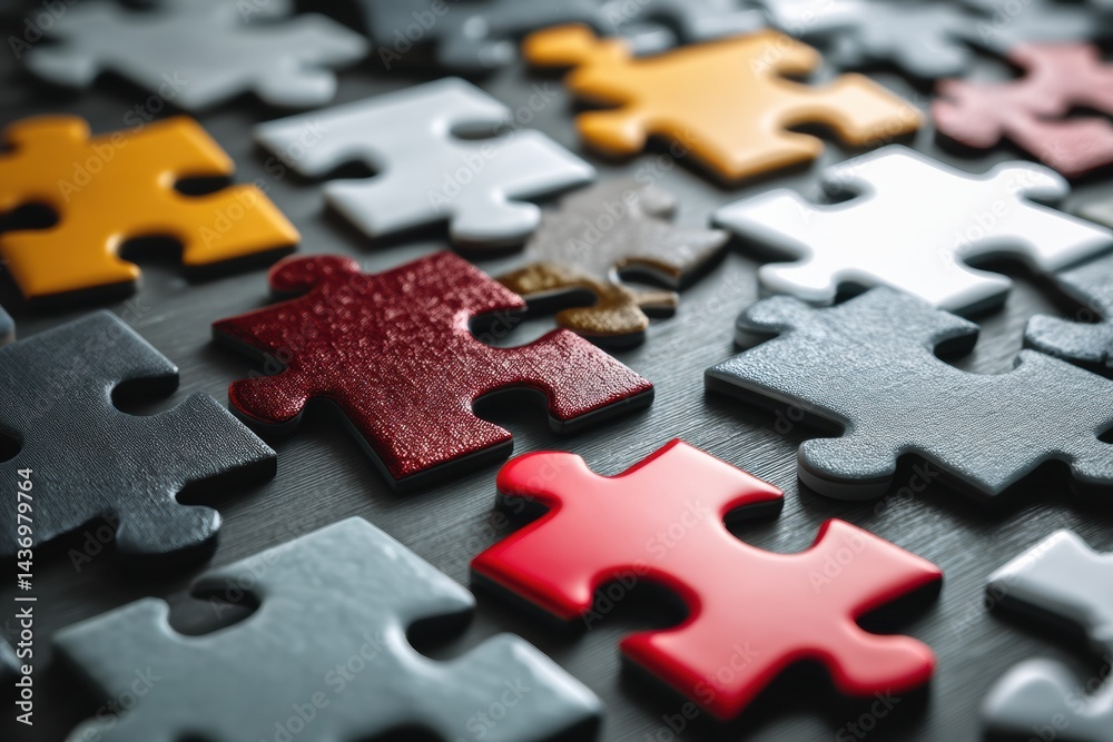 Poster puzzle pieces scattered on a surface symbolize collaboration and teamwork in a creative setting