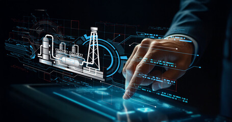 Futuristic Energy Management System with Digital Interface and Oil and Gas Industry Visualization in Close-up Interaction