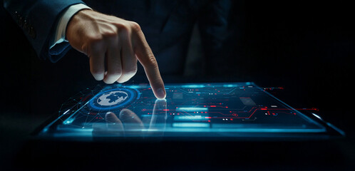 Futuristic Businessman Interacting with Digital Touchscreen Interface Displaying Data Visualizations and Technology Connections at Night