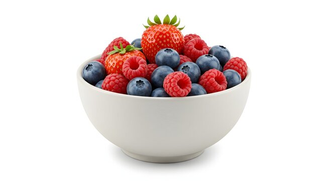 A white bowl filled with fresh strawberries blueberries and raspberries on a white background