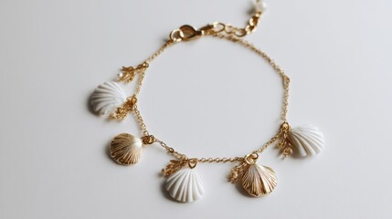 Elegant gold shell charm bracelet with white details on a minimalist background