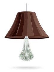 A brown lampshade with a white, decorative, glass bulb hanging from a silver cord