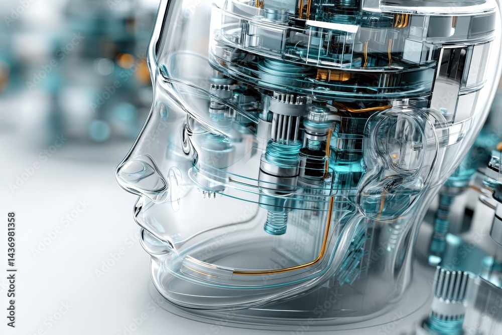 Fototapete futuristic robot head with transparent casing showcasing advanced ai core technology