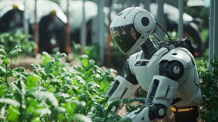 Fototapeta premium Robot Tending Plants in Greenhouse