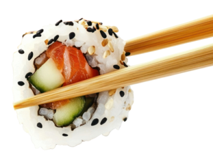 PNG Chopsticks holding a Sushi maki with salmon and cucumber sushi dish food.
