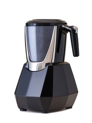 Sleek black blender with metallic accents, sits on a geometric base