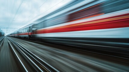Blurry motion shot of a train speeding on its rail track against sky