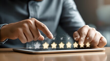 A person reviewing digital real estate listings with star ratings, showcasing online property valuation. Property analysis and checklists for management, strategic planning, and Investment success