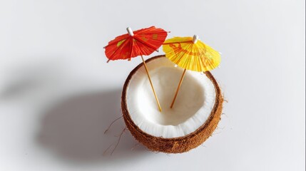 Coconut with colorful umbrellas representing tropical vacation and refreshing drink concept