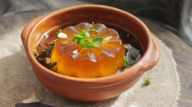 Piftie, a Romanian jellied meat dish, close-up in a rustic bowl, garnished with garlic and herbs